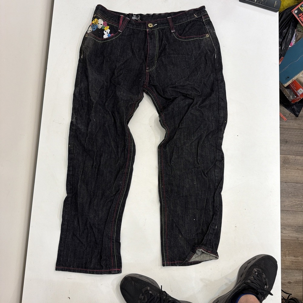 Vintage Delf Jeans Mens 38x32 Black Baggy Loose Fit Multicolor Skulls